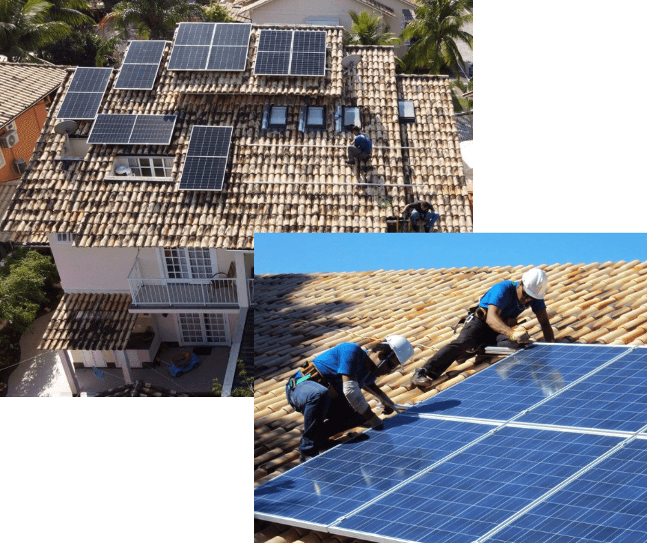 Técnicos uniformizados instalando sistema de energia solar com segurança e precisão