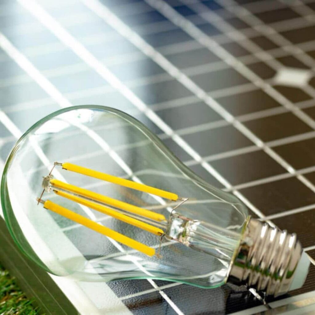 painel-solar-economia-luz Lâmpada sobre um módulo solar, simbolizando economia de energia elétrica